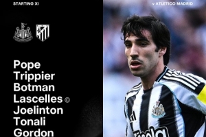 纽卡vs马竞首发：托纳利、伊兰加先发，阿尔瓦雷斯、加拉格尔出战